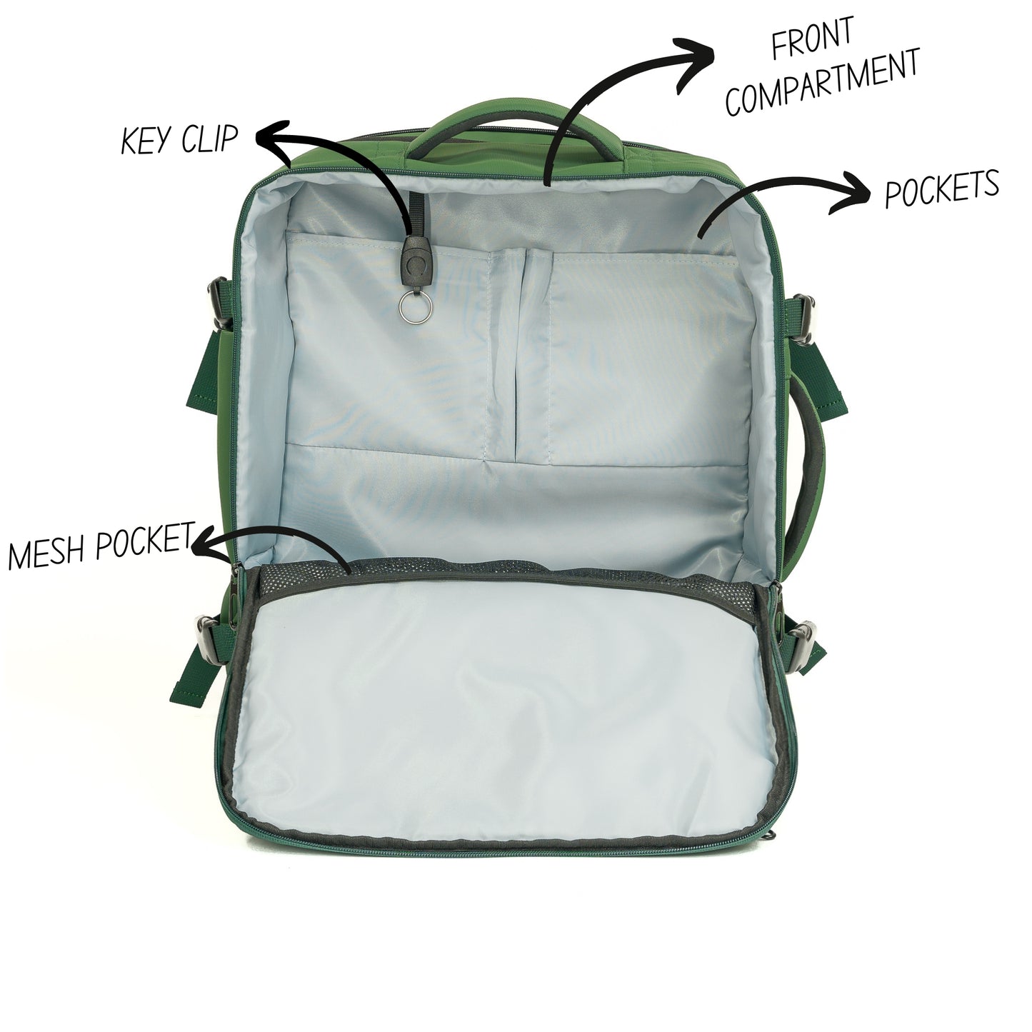 Pack Go and Explore Green Backpack front compartment description 