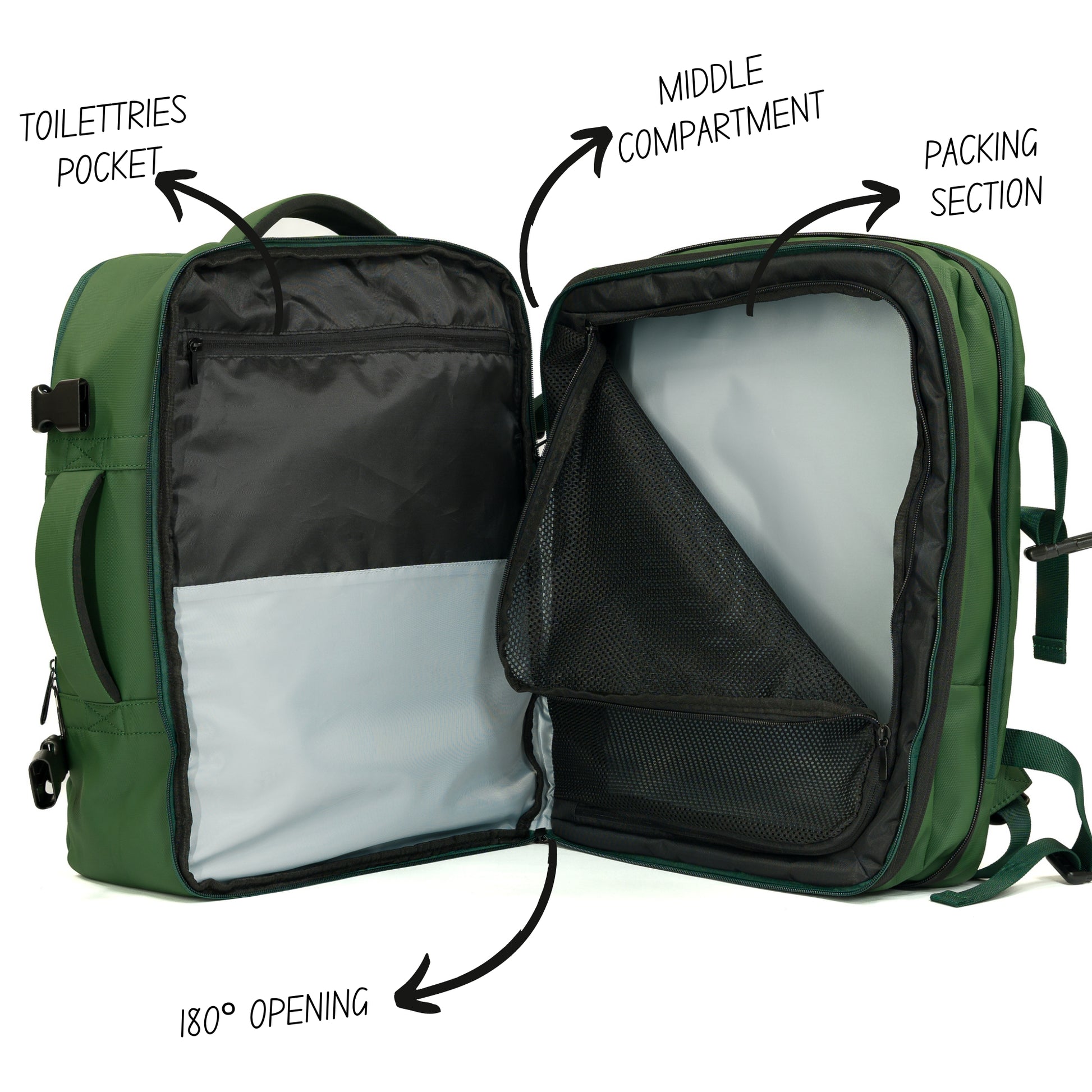 Pack Go and Explore Green Backpack middle compartment description